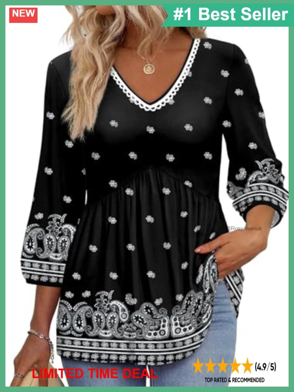Womens 3/4 Sleeve V Neck Babydoll Blouse Flowy Tunic Top